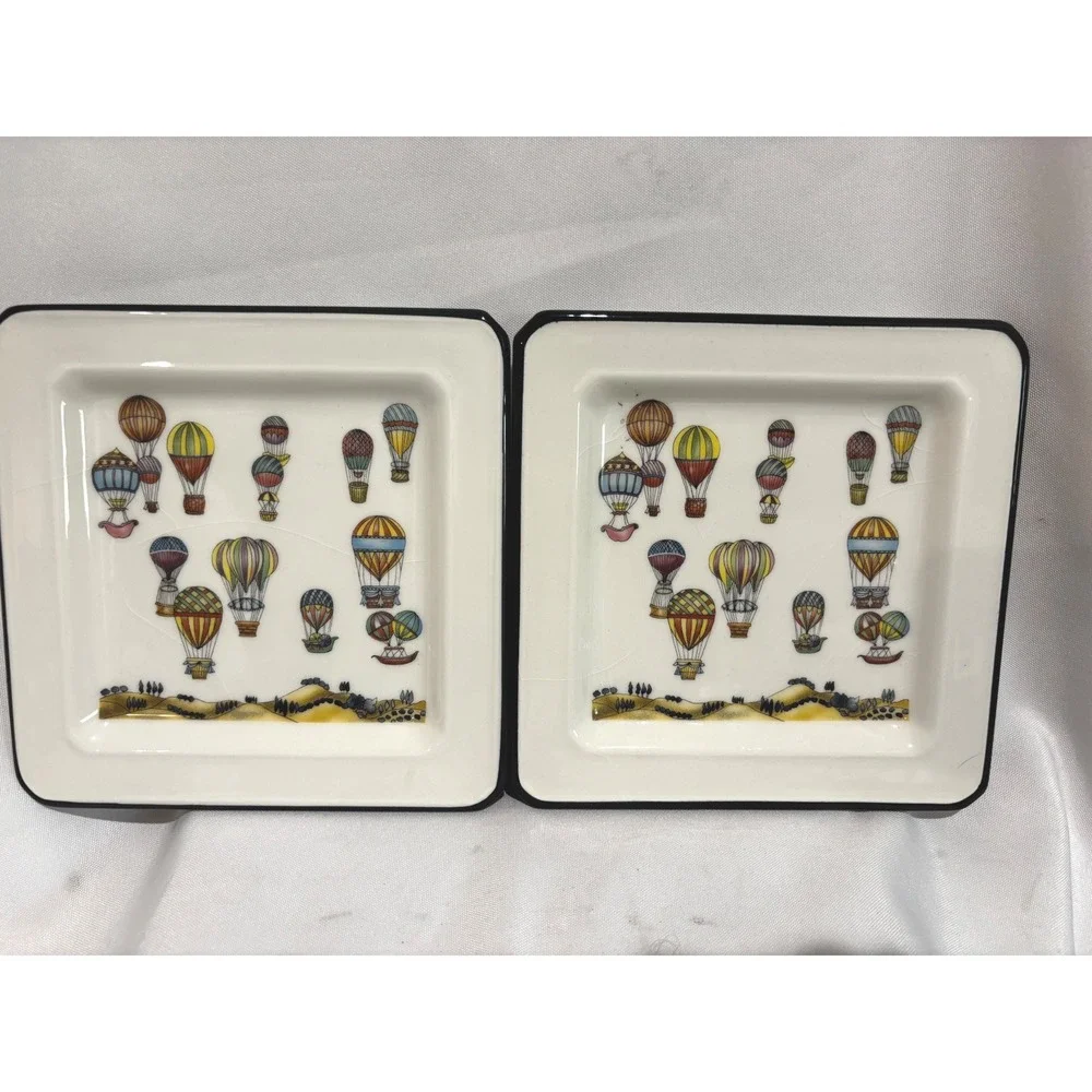 Brunelli Italy Hot Air Balloon Ceramic Square Plates Set of 2